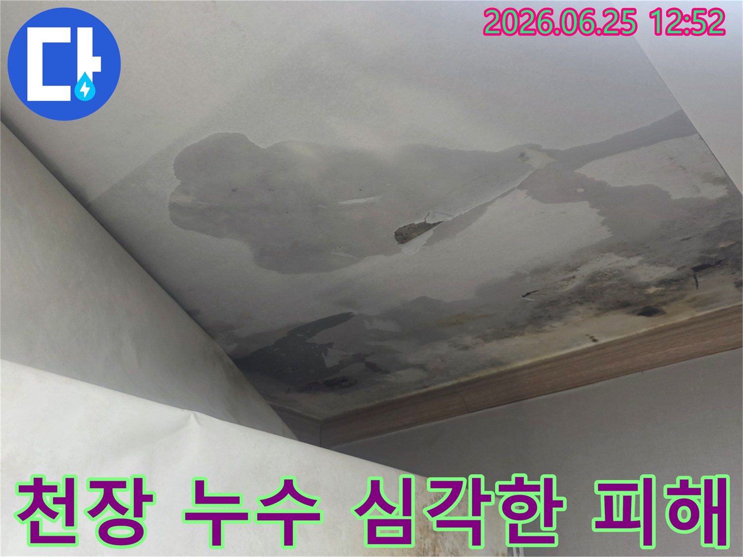 아파트 천장에서 물이 새어 벽지와 천장 마감재가 심하게 손상된 모습