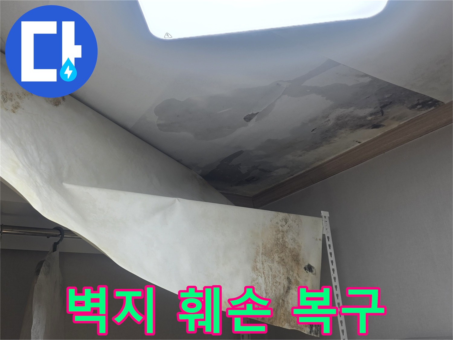 윗집 누수로 인해-천장 벽지가 심하게 훼손되고-곰팡이가 발생한-현장을 복구 중입니다