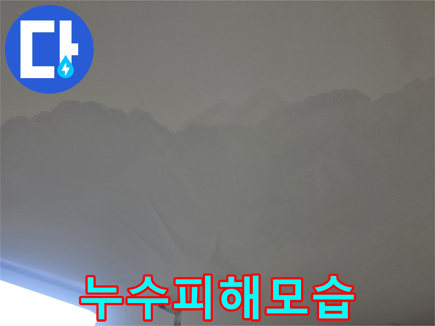이 사진은-천장 누수로 인해-발생한-광범위한 물얼룩을-보여줍니다.