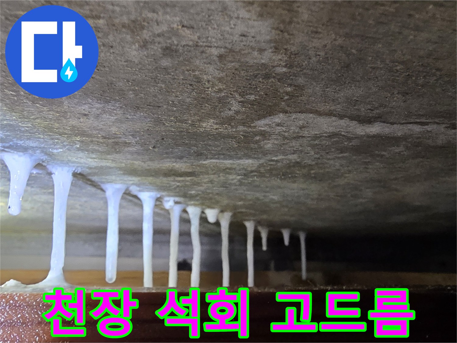 천장 아래로-길게 늘어진-하얀색 석회 성분