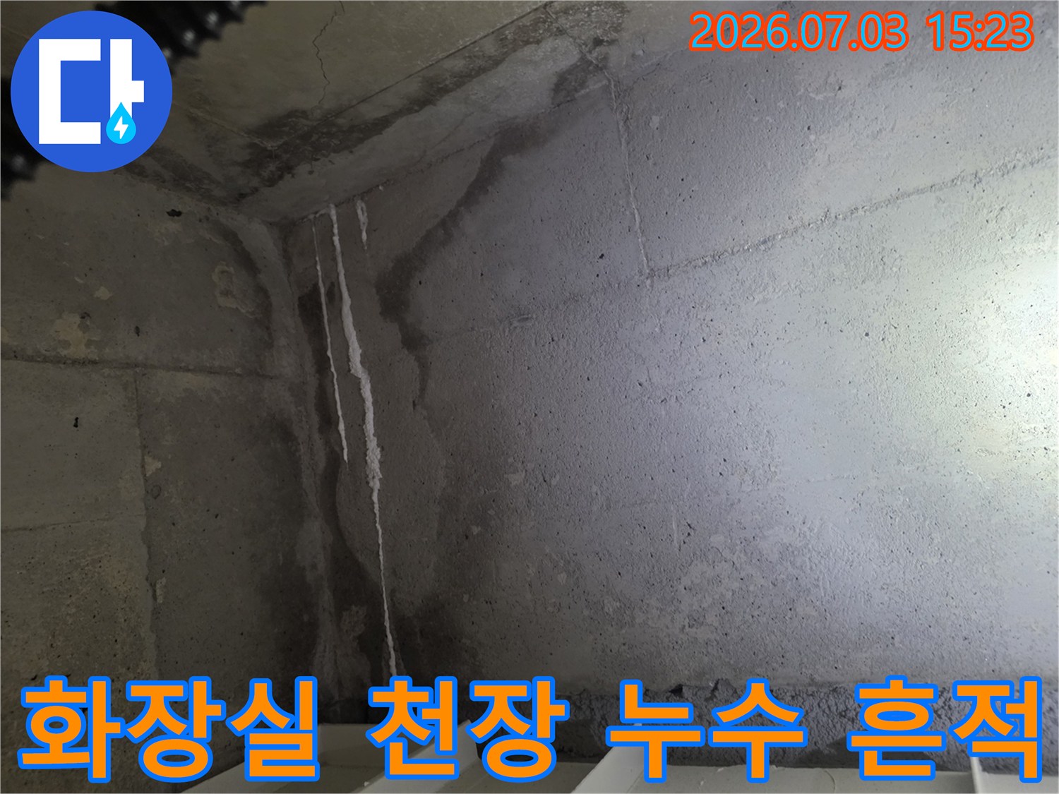 화장실 천장 콘크리트 면에 하얗게 굳은 석회와 물이 흘러내린 자국이 선명한 모습