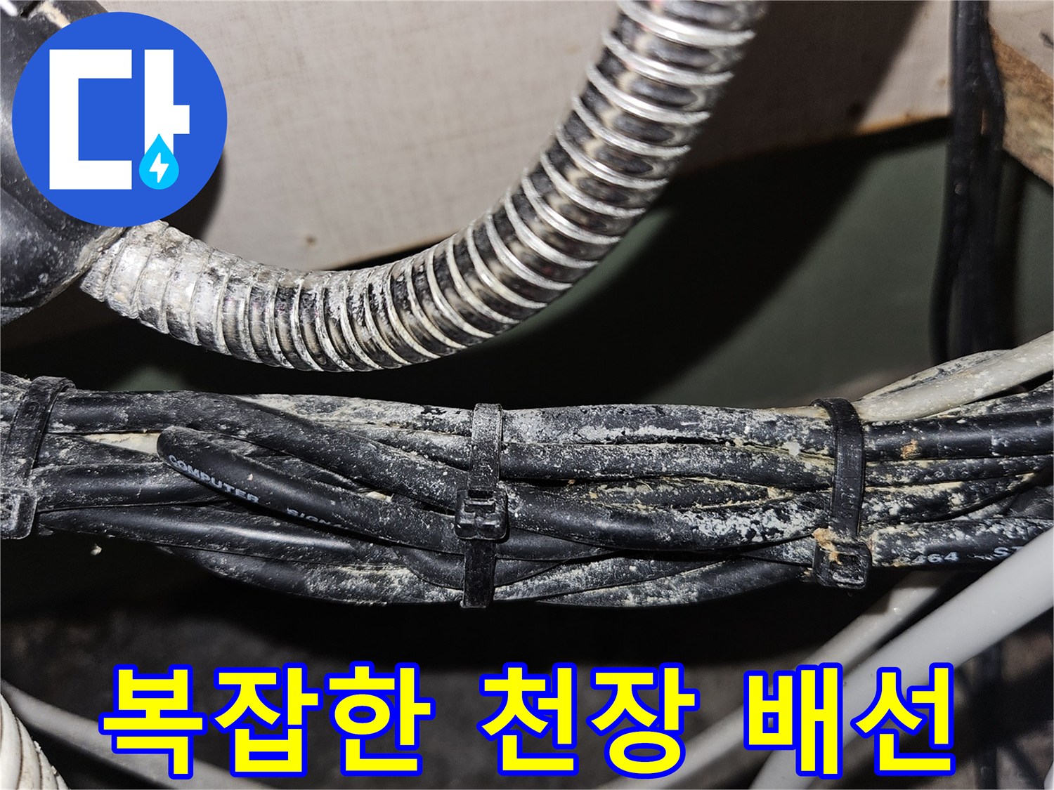 천장 내부의 얽힌 전선과 금속 배관 - 누수 원인 파악을 위한 현장 기록