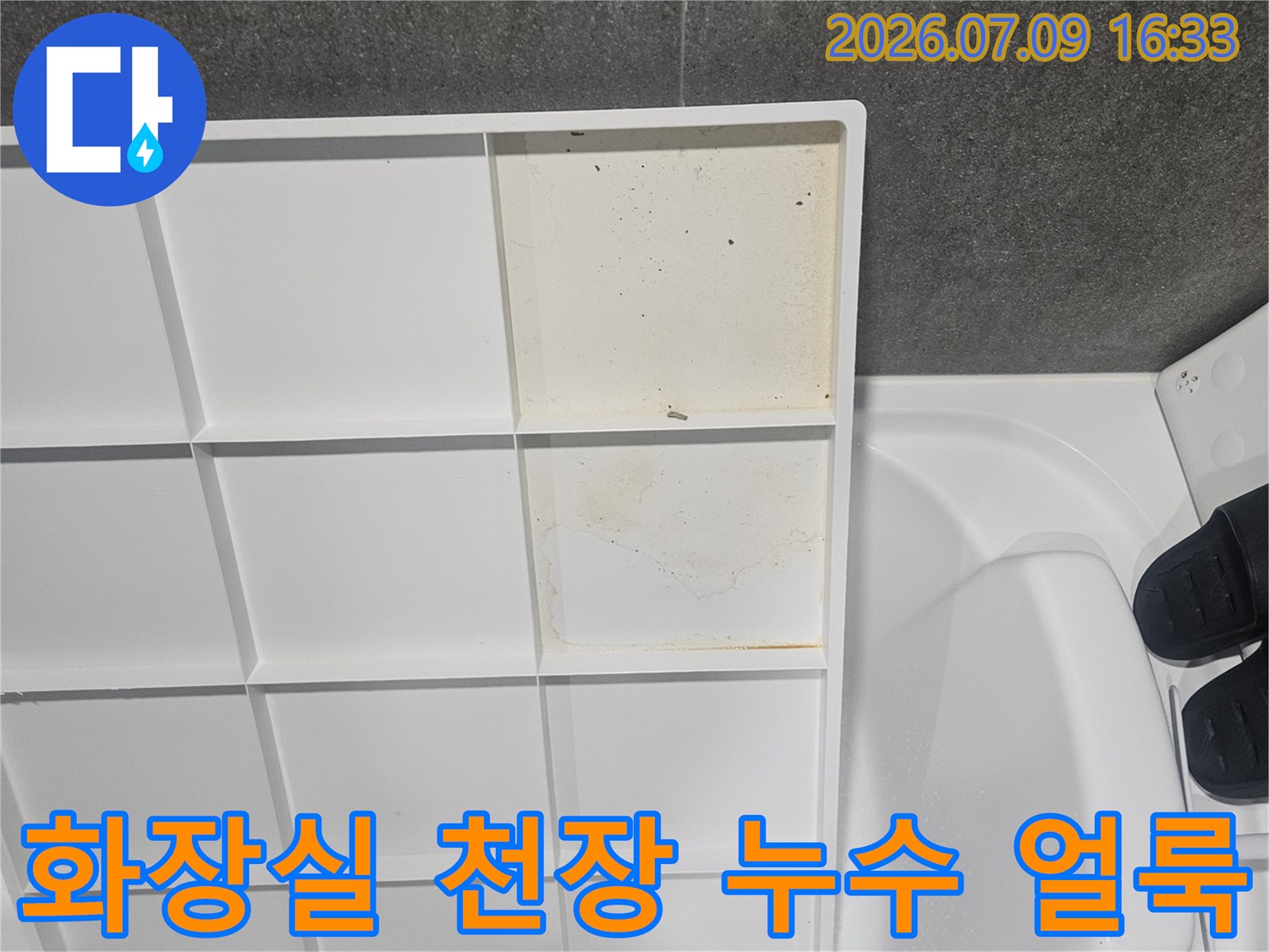 화장실 천장 타일에 선명하게 남은 누수 흔적과 물자국