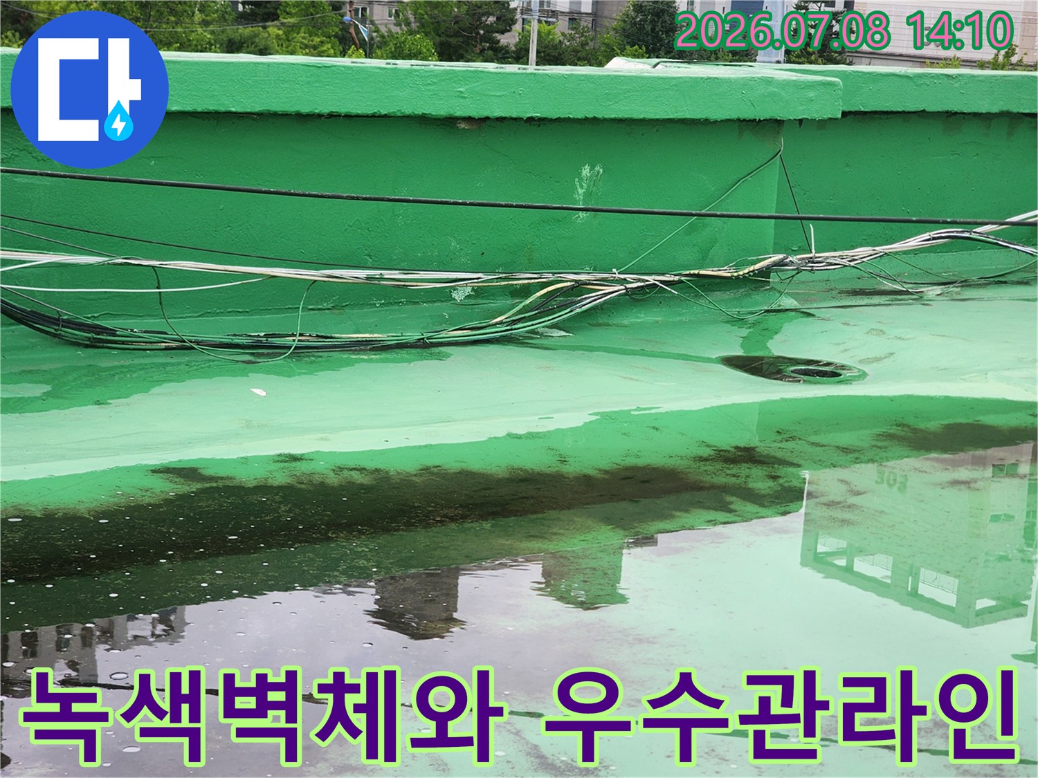 녹색으로 마감된 벽면과 복잡하게 얽힌 배관 및 전선 구조