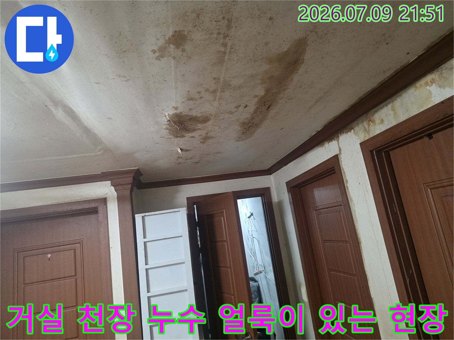 얼룩과 수분으로 오염된 거실 천장면의 모습