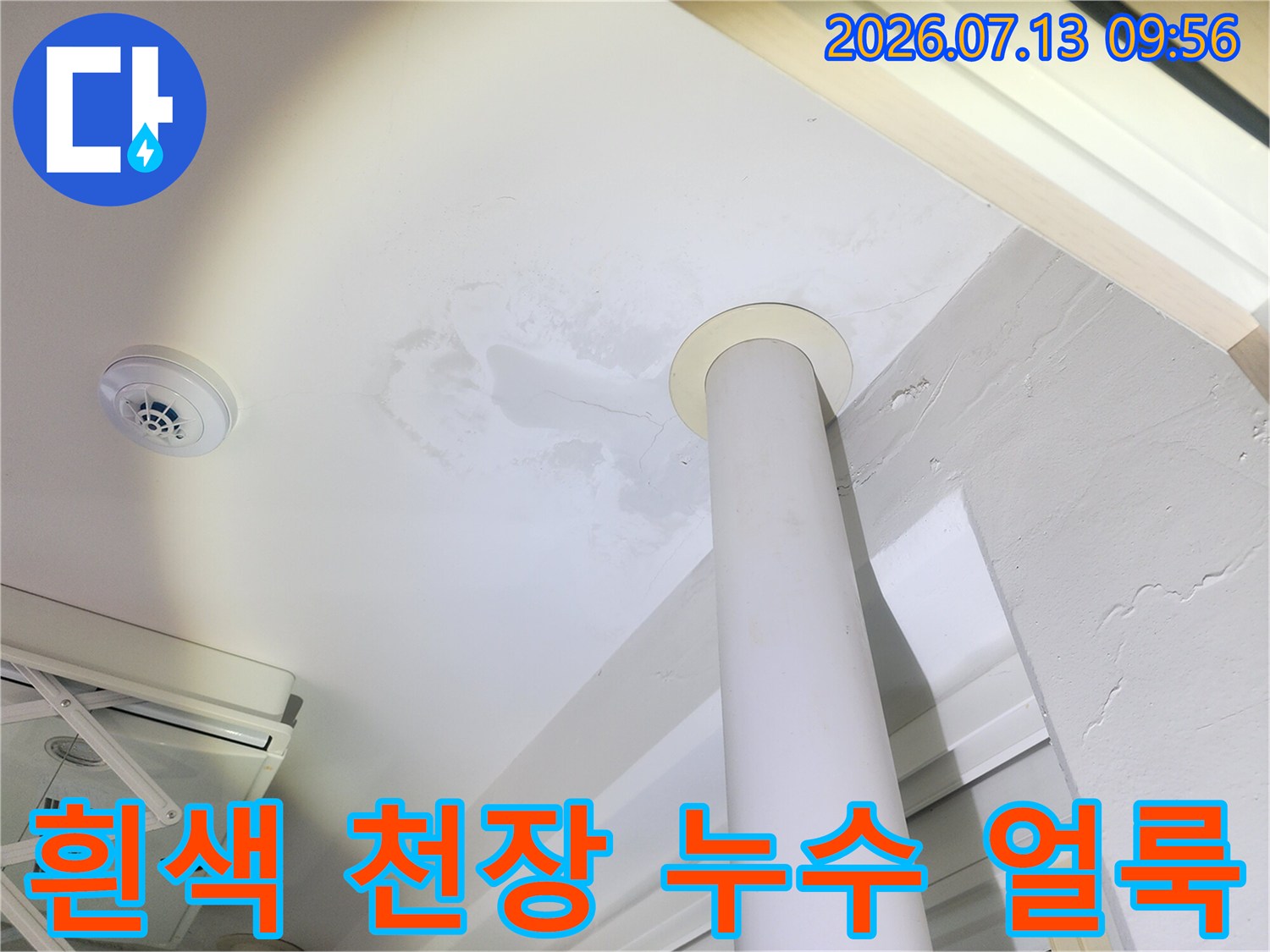 둥근 기둥 위쪽으로 물이 스며들어 번진 모양의 천장 얼룩