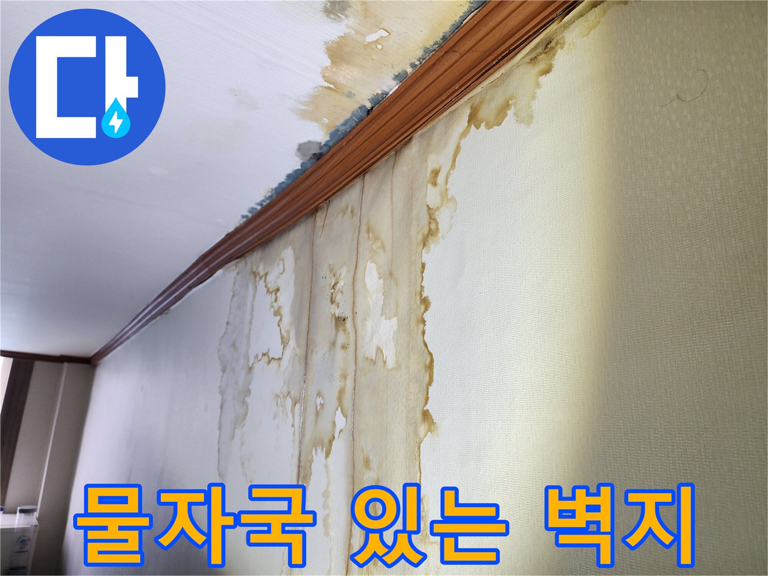 누수로 변색된 천장과 벽면 경계