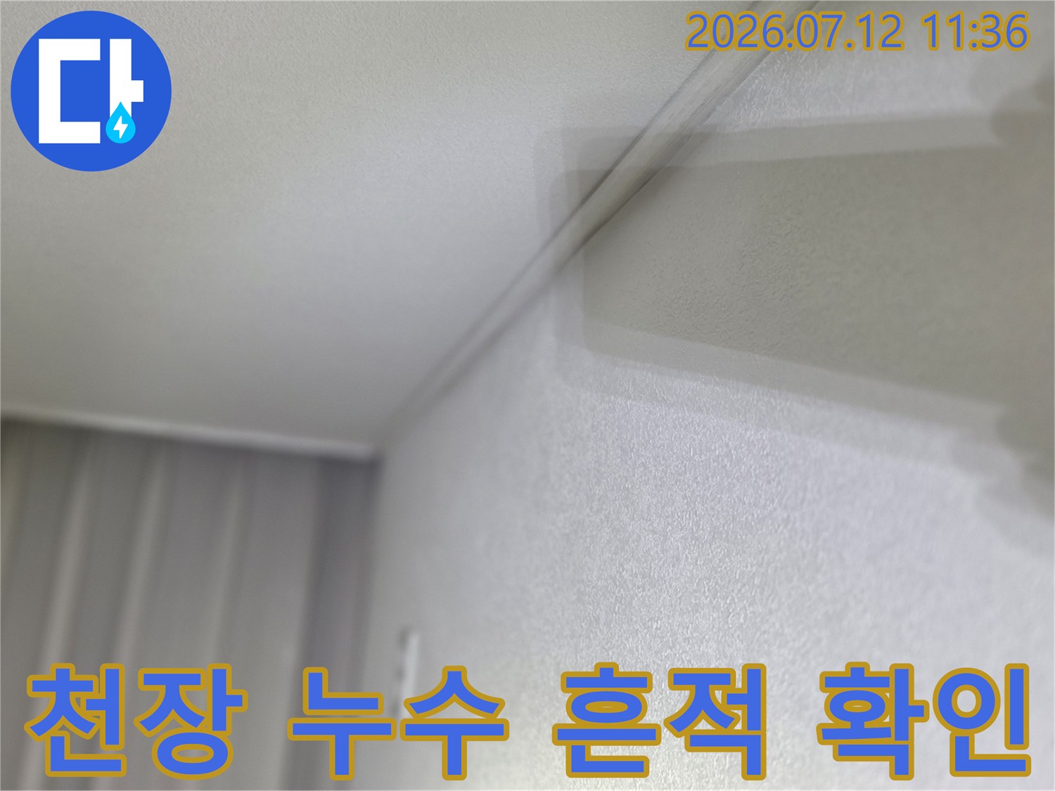 거실 천장 모서리 부분의 젖은 자국과 얼룩 상태