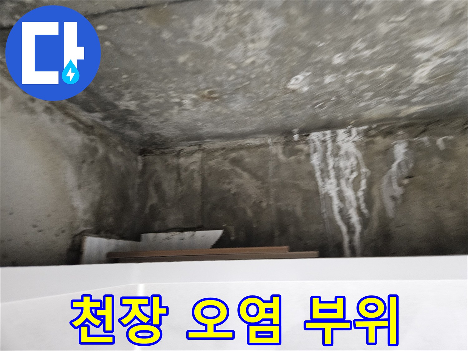 젖은 천장 콘크리트-백화와 습기가 가득한 모습
