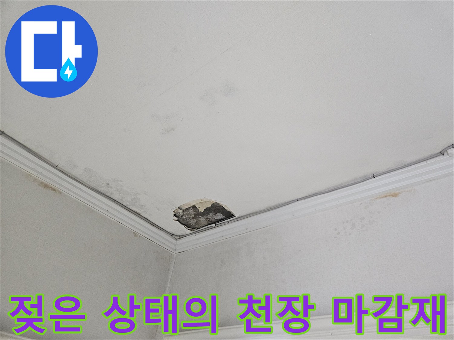 누수로 인해 변색되고 파손된 거실 천장 마감 부위