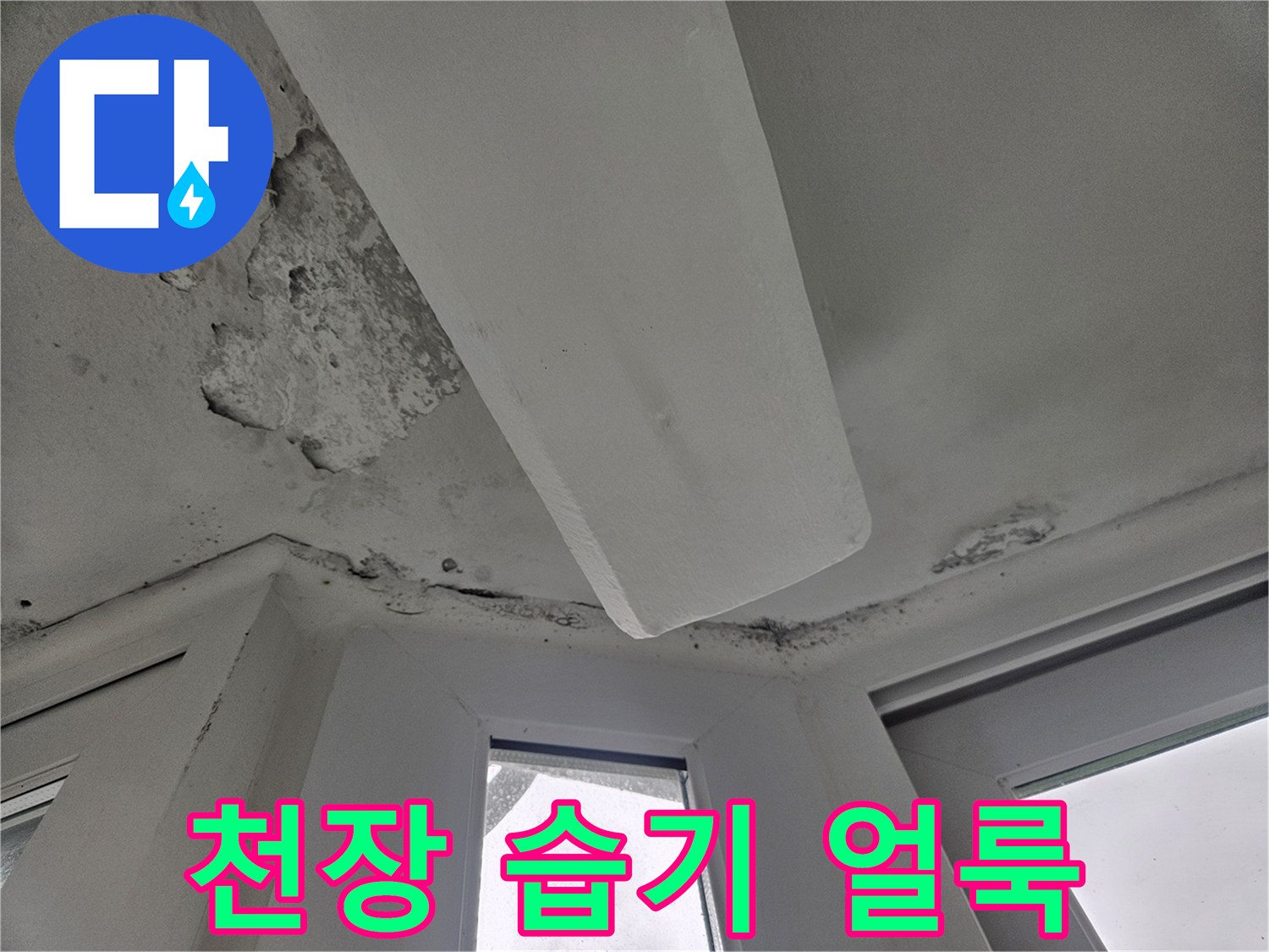 천장 면에 넓게 퍼진-누수 침투 흔적과 변색 부위