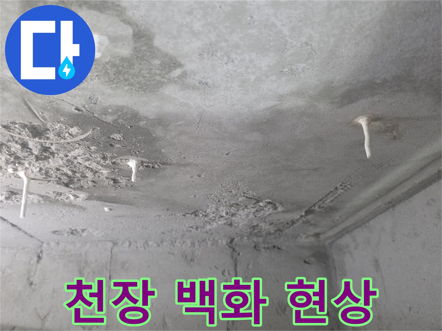 콘크리트 천장-석회물이 맺힌 누수 지점