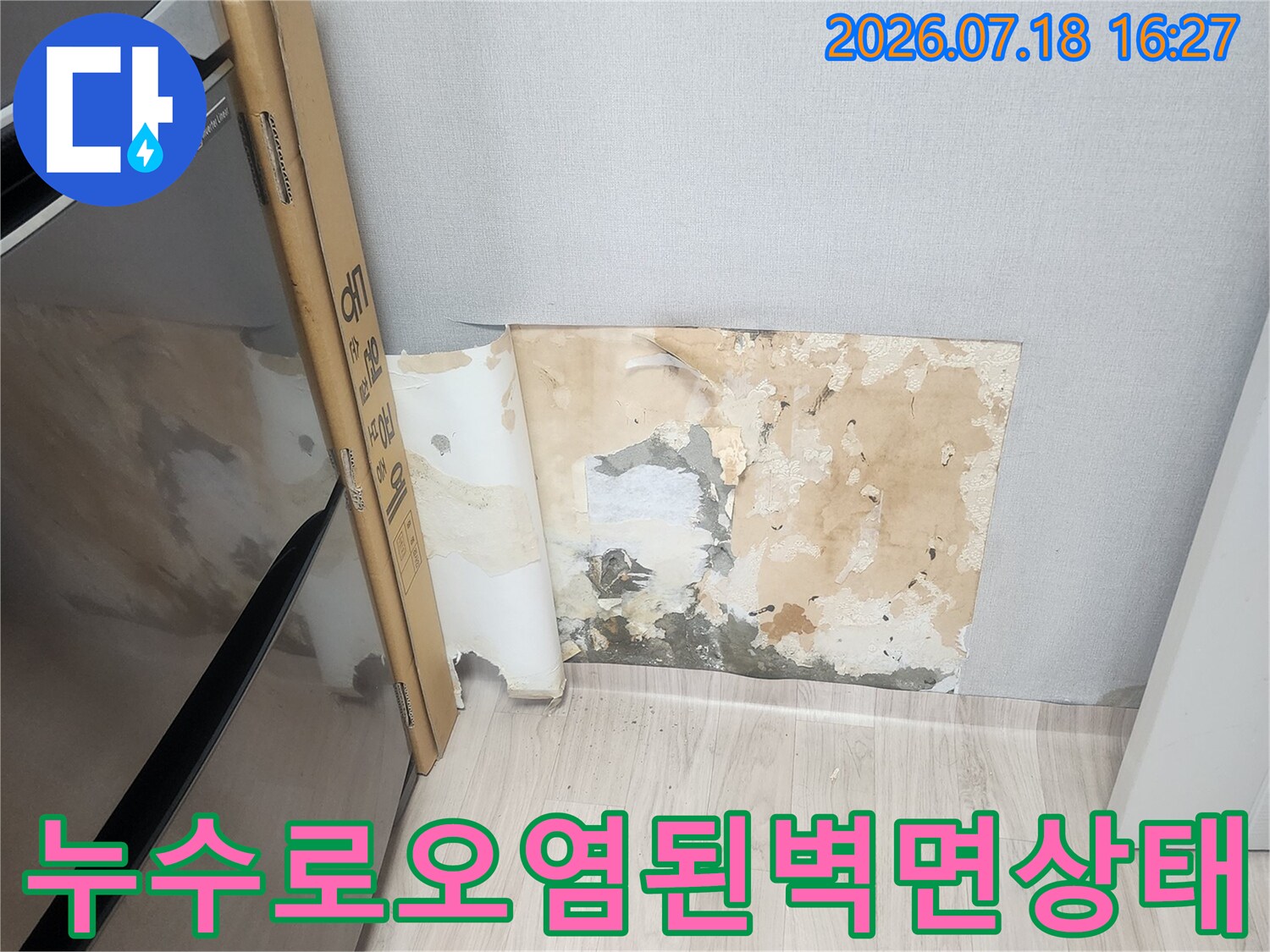 벽지가 뜯겨져 나가고 내부 벽면에 누수로 인한 얼룩과 곰팡이가 발생한 모습