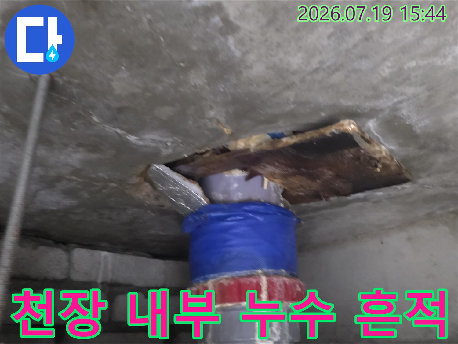 습기로 인해 변색된 콘크리트 천장과 그 사이로 연결된 파란색 배관의 모습