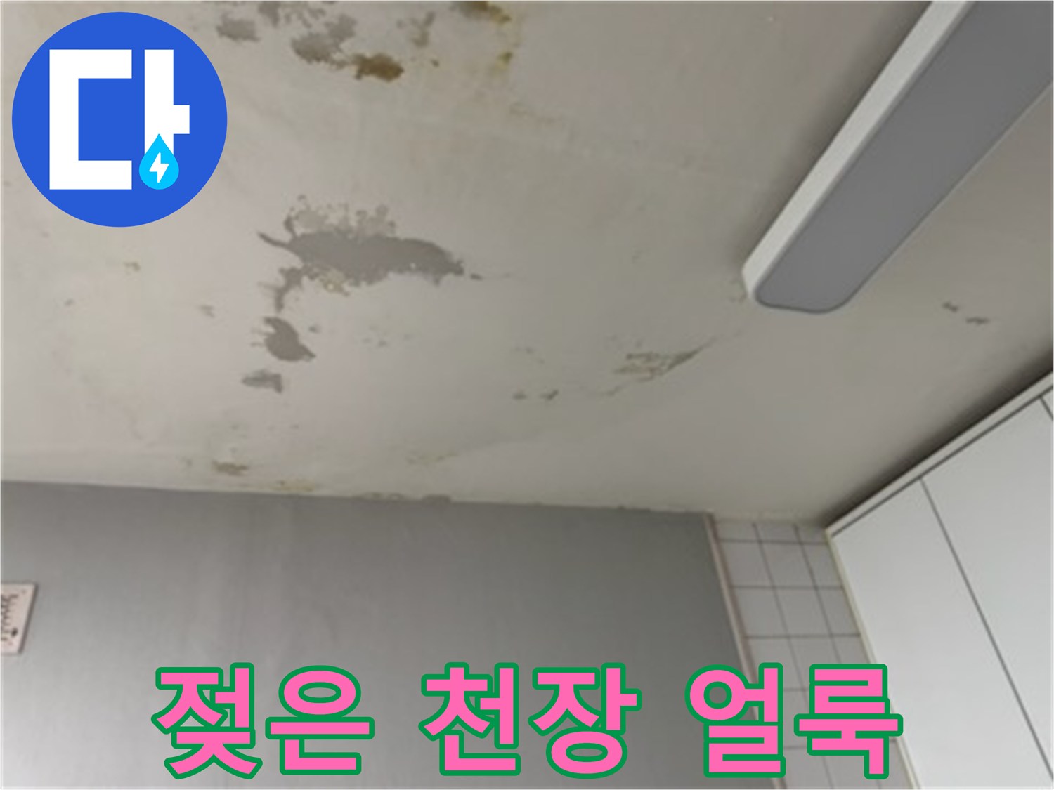 누수로 인해 젖어서 변색된 천장 마감재 부위