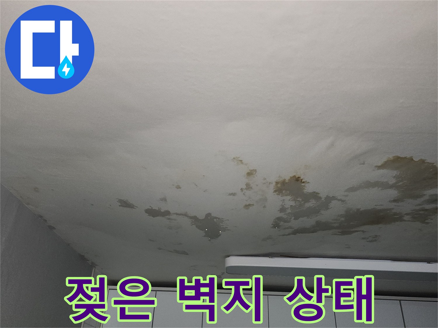 습기로 인해 변색되고 들뜬 벽지 표면을 근접 촬영한 사진입니다.