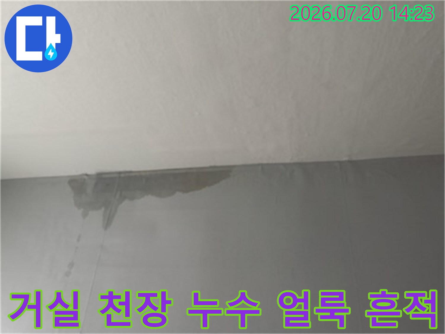 아파트 거실 천장에 발생한 짙은 회색의 물 고임과 변색된 누수 흔적