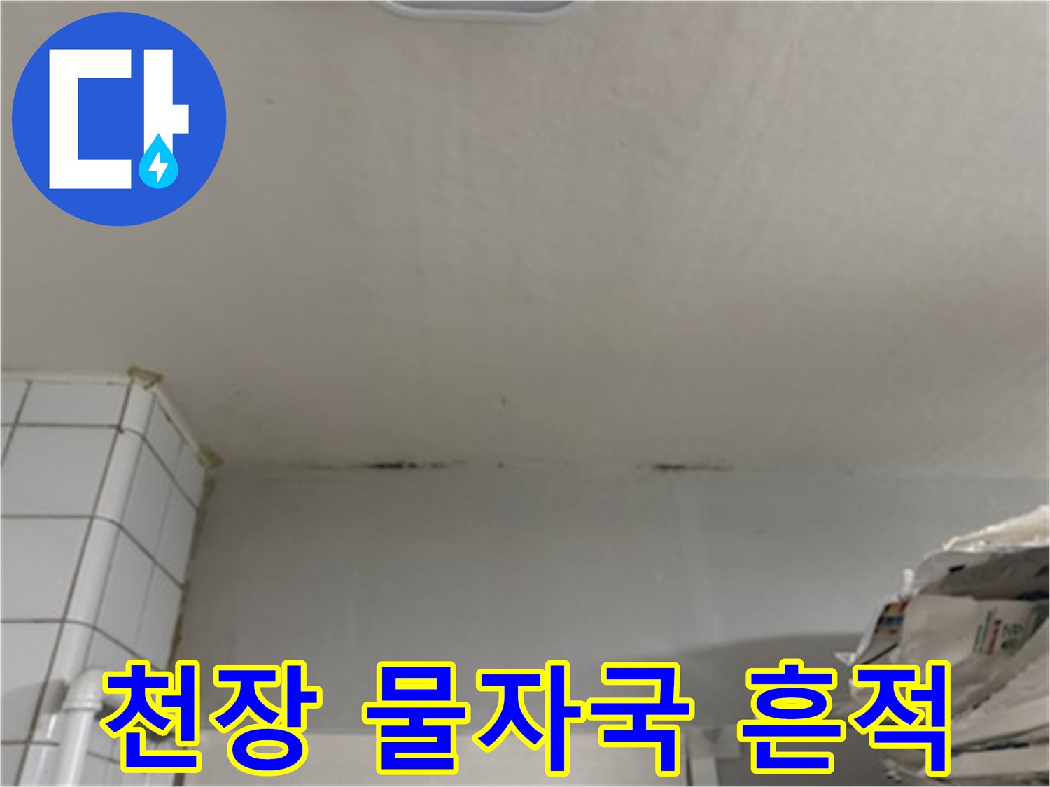 천장 면에 발생한 젖은 듯한 어두운 얼룩과 습기 자국