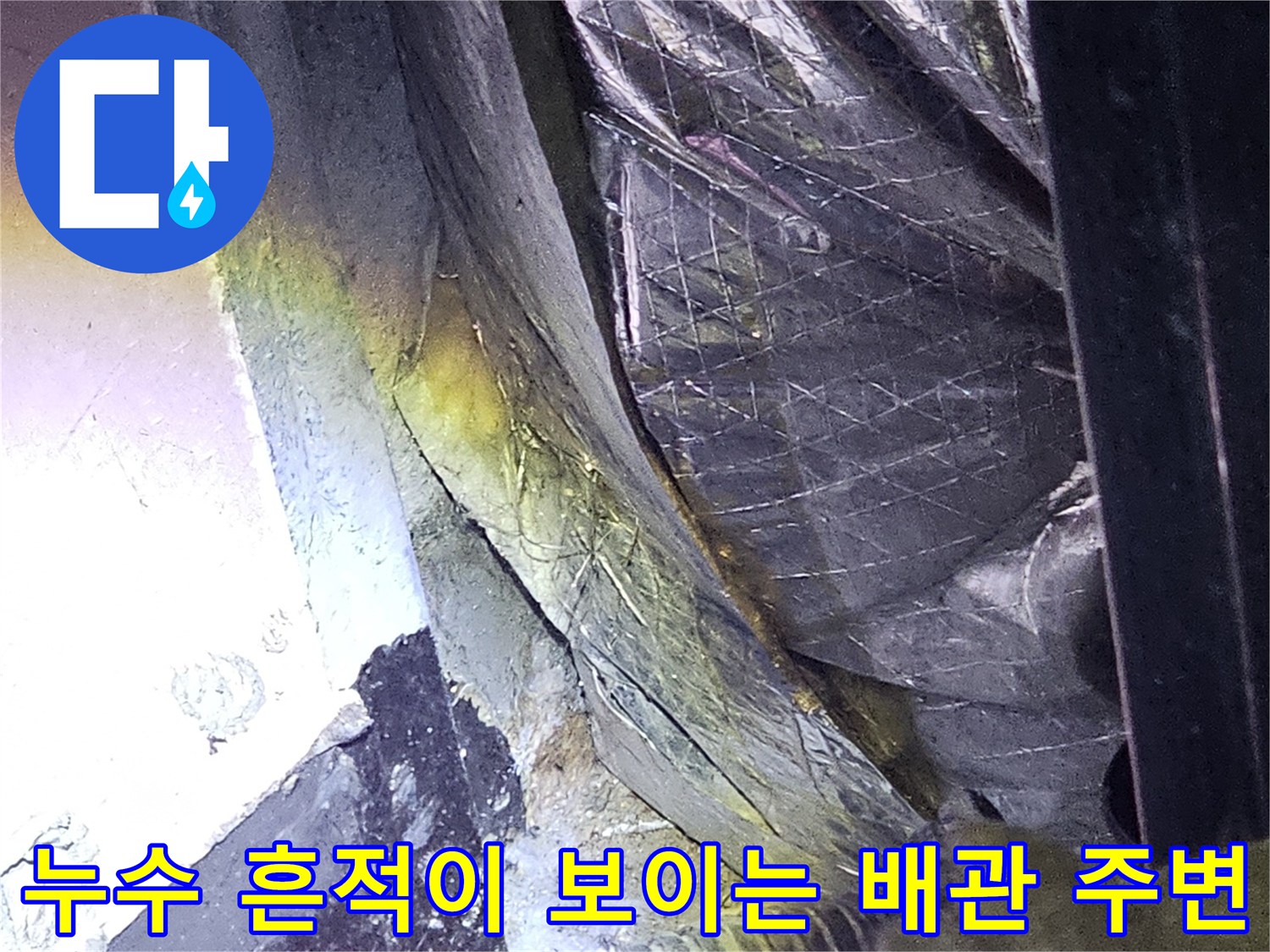 배관 주위의 습기와 은박 단층재 누수 침투 모습