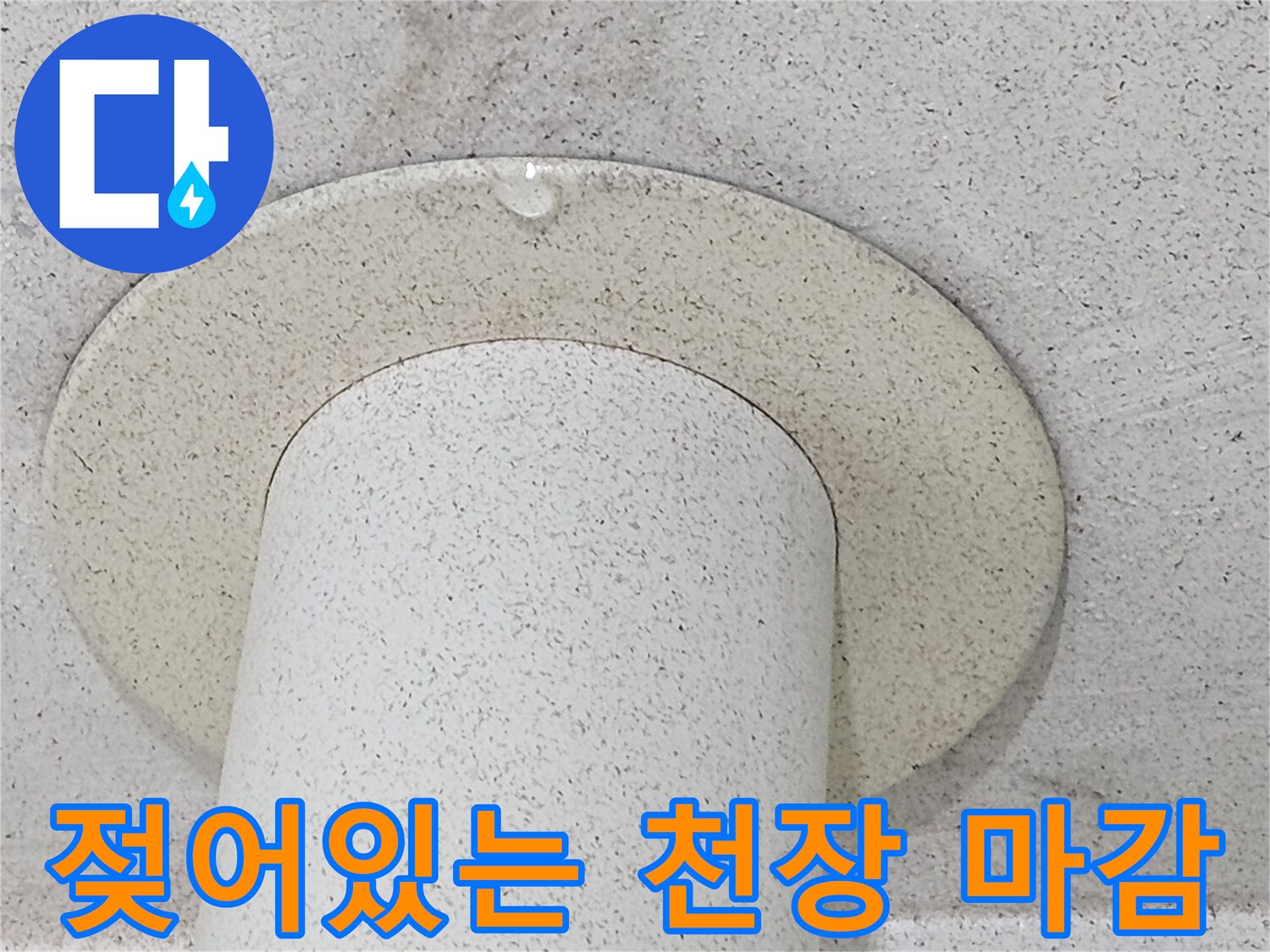 우수관 주변 천장재가 젖어 얼룩진 모습