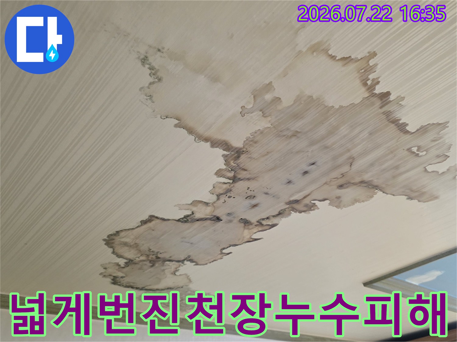 천장 표면에 불규칙한 모양으로 형성된 누수 오염 구역-이미지