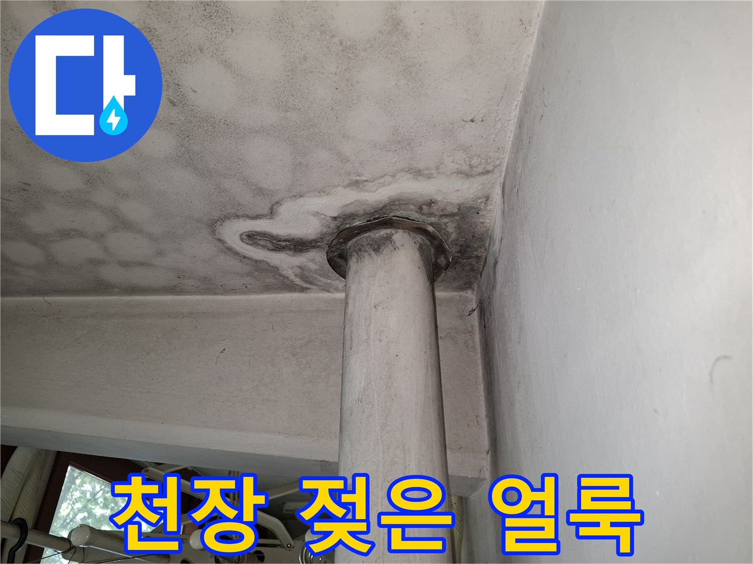 기둥과 천장 경계에 나타난 습기 및 곰팡이 흔적