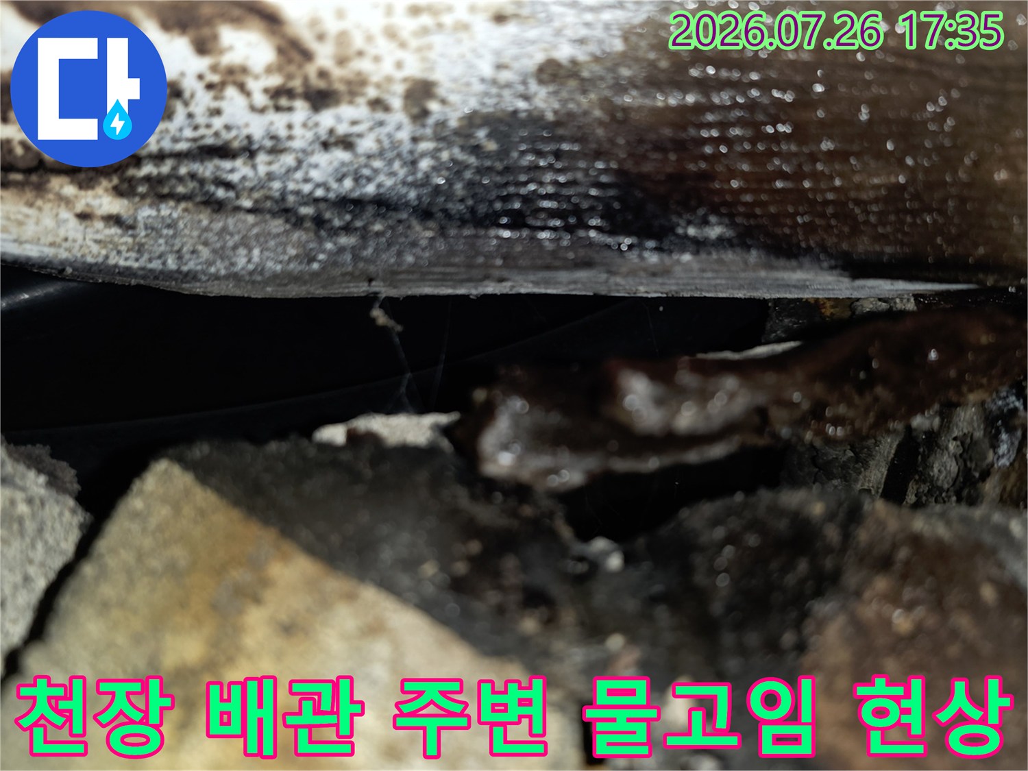오염된 천장 슬래브-배관 주변에 물이 고여 있는 모습