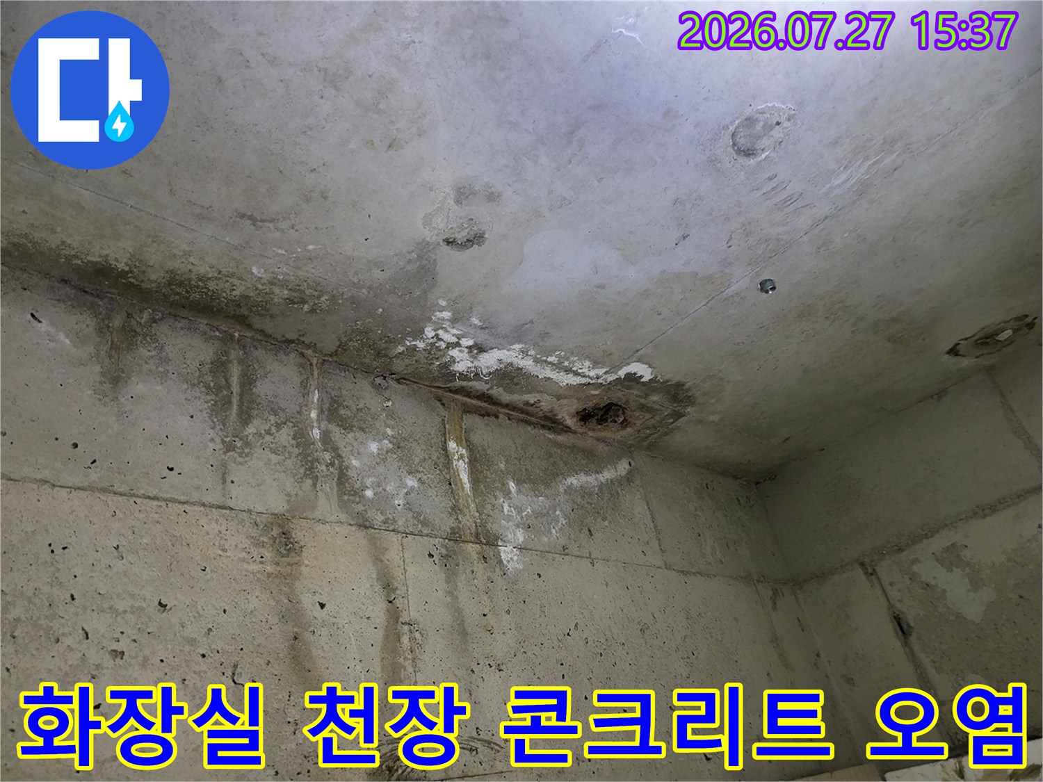 천장 콘크리트 표면에 길게 흘러내린 누수 자국-물때-곰팡이