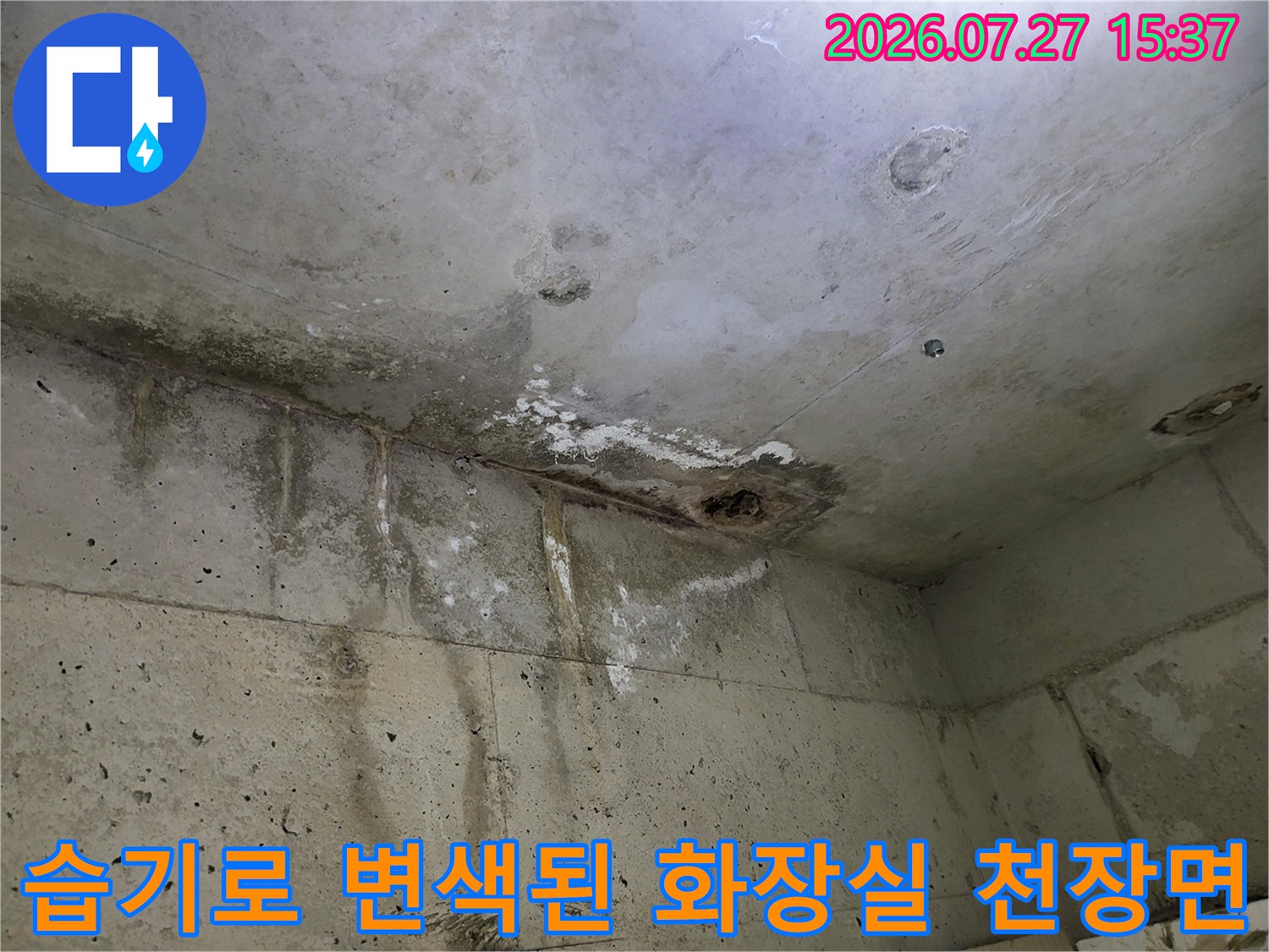 흰색 콘크리트 천장에 발생한-갈색의 누수 오염물질과 얼룩들