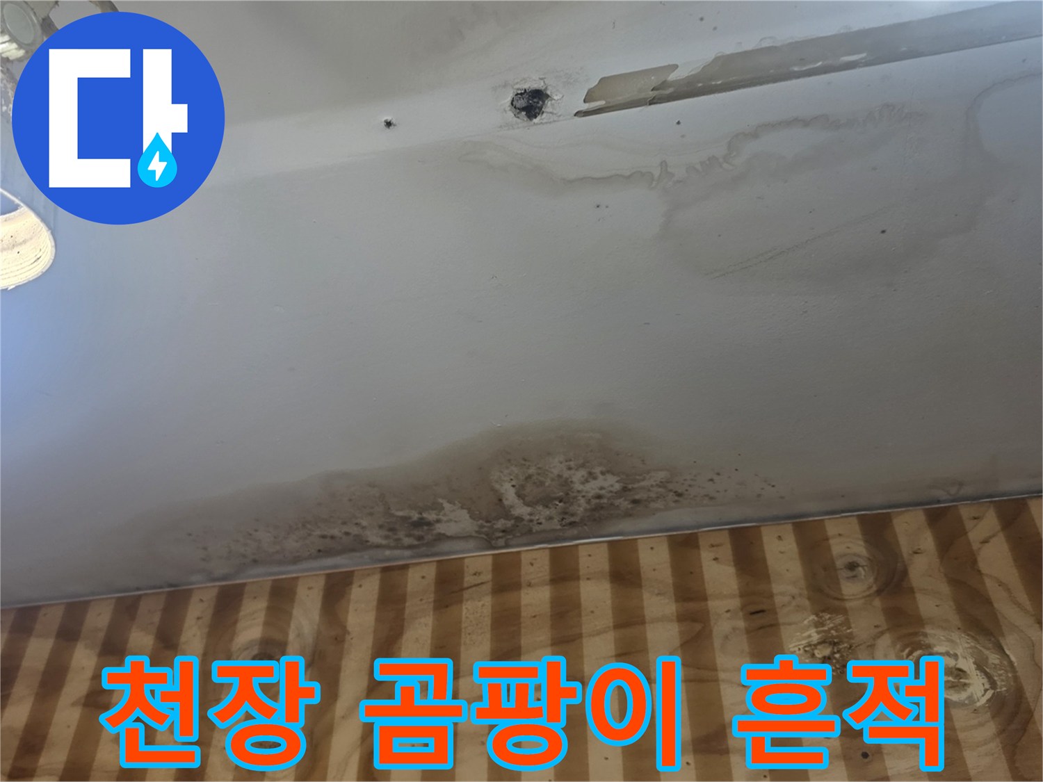 누수로 인한 천장 마감재의 변색 및 곰팡이 상태
