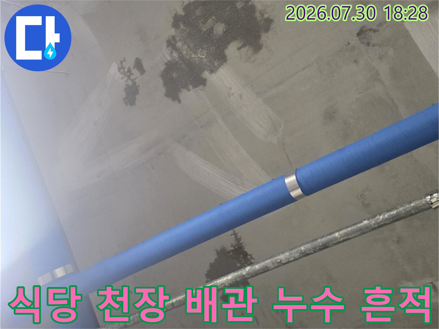 파란색 노출 배관과 천장 얼룩이 있는 지하 공간