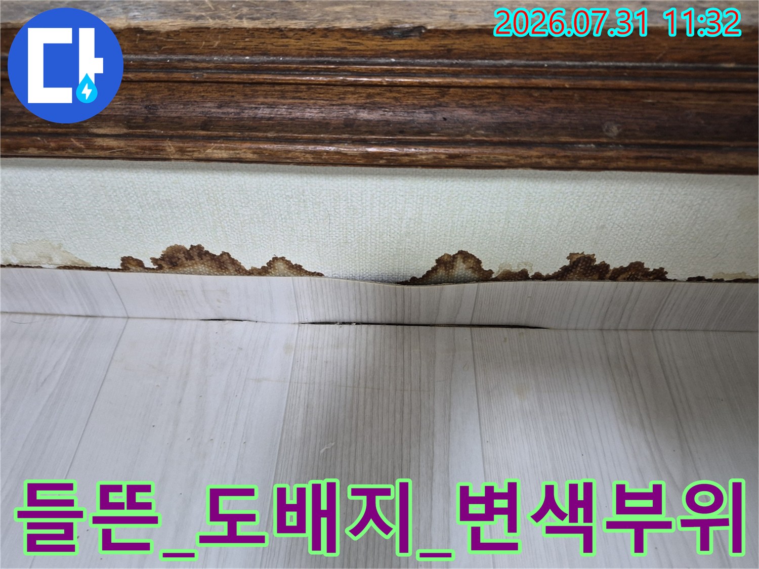 습기로 인해 곰팡이와 변색이 발생한 천장 벽면 접합부