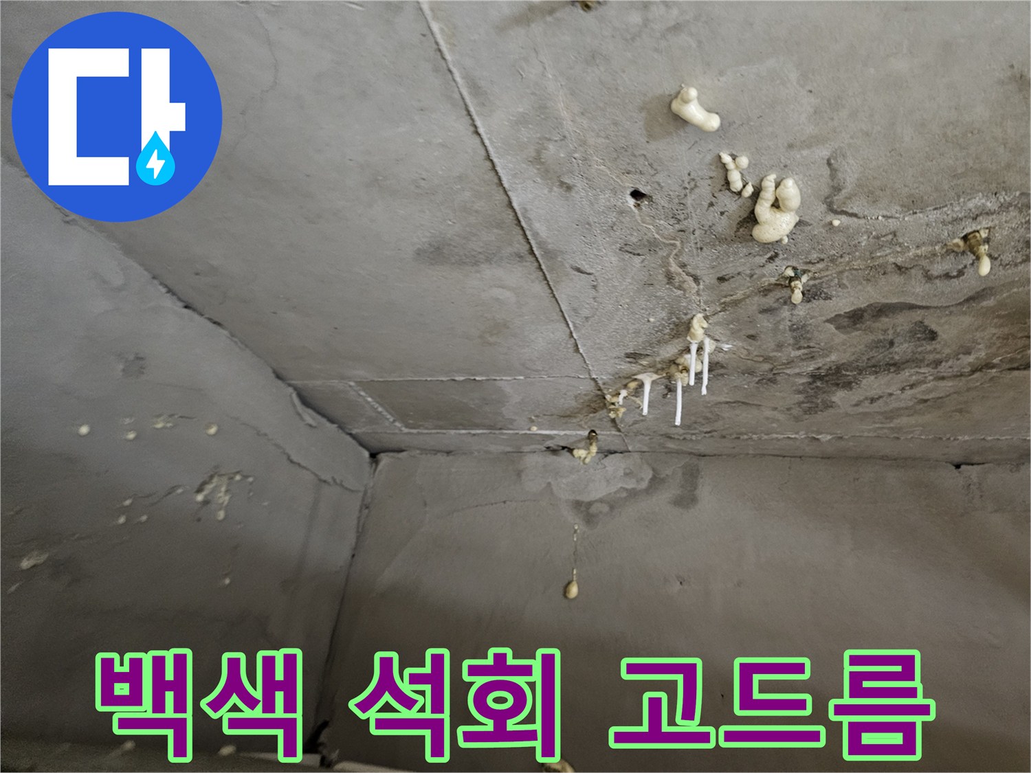 천장 하부 구조물-석회가 맺힌 누수 흔적 부위