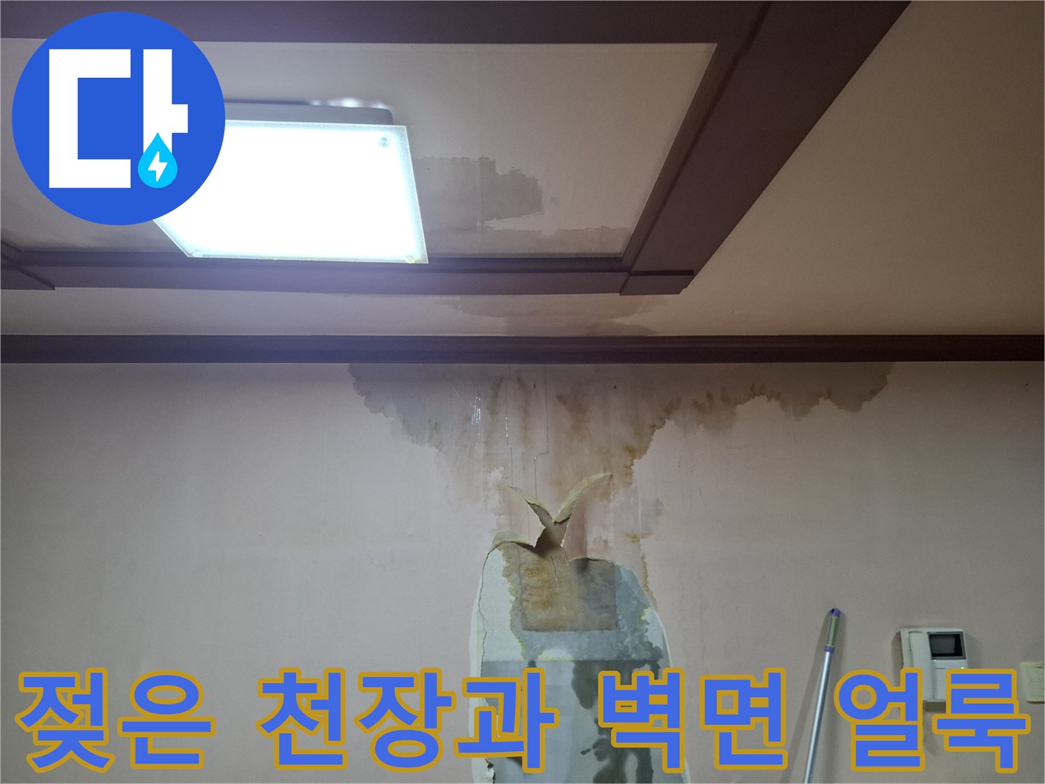 갈색으로 변색된 천장 조명 주변과 벽 상단 누수 부위