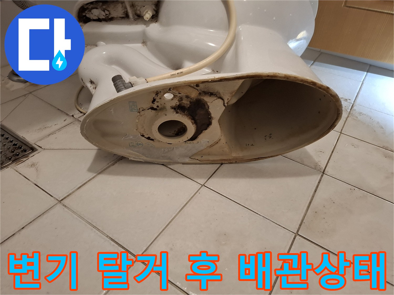 탈거된 변기 아래-오염된 오수관과 주변 바닥 상황