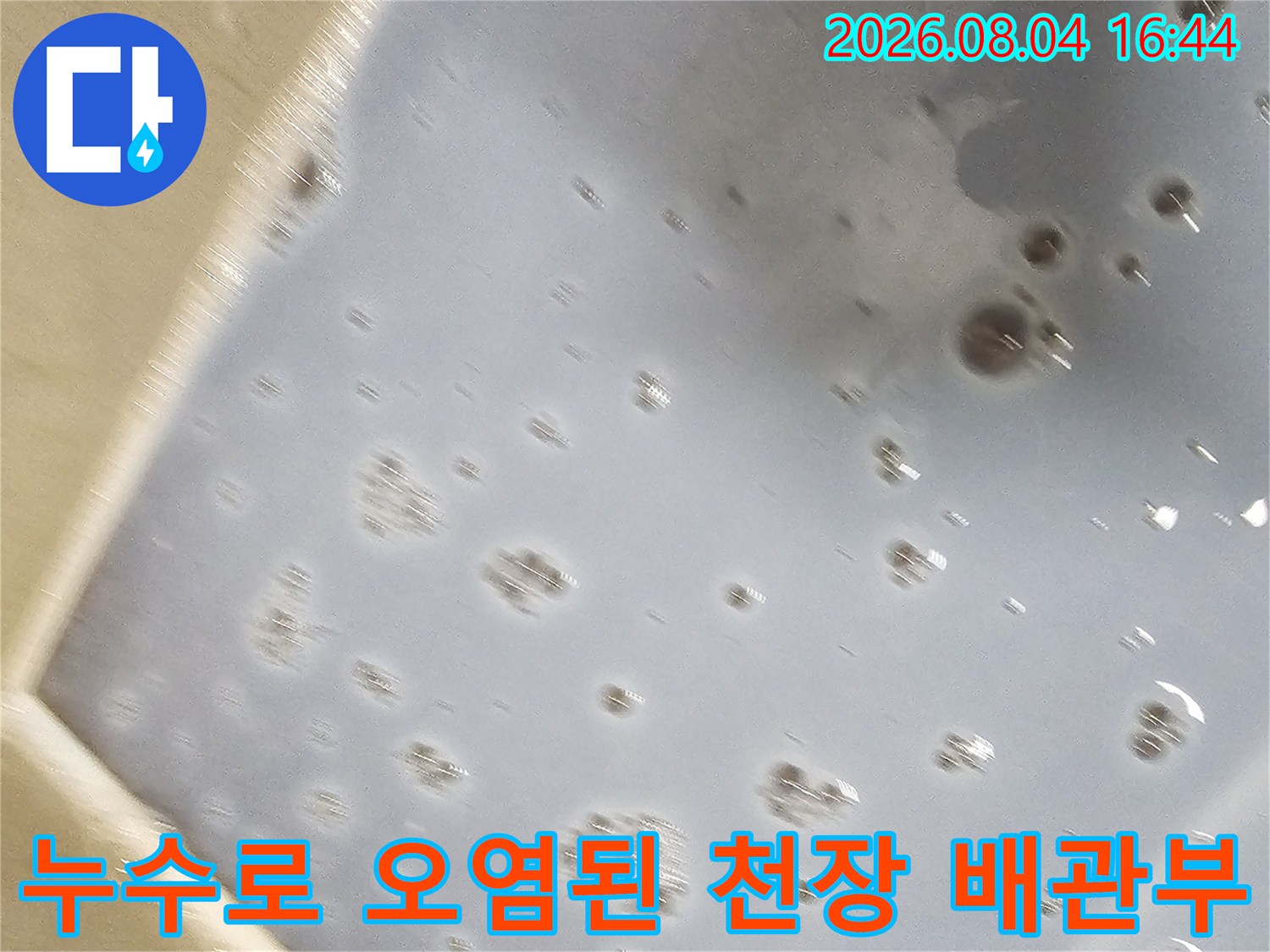 천장 내부에서 발견된 누수 지점과 그로 인한 주변 변색 확인용 사진