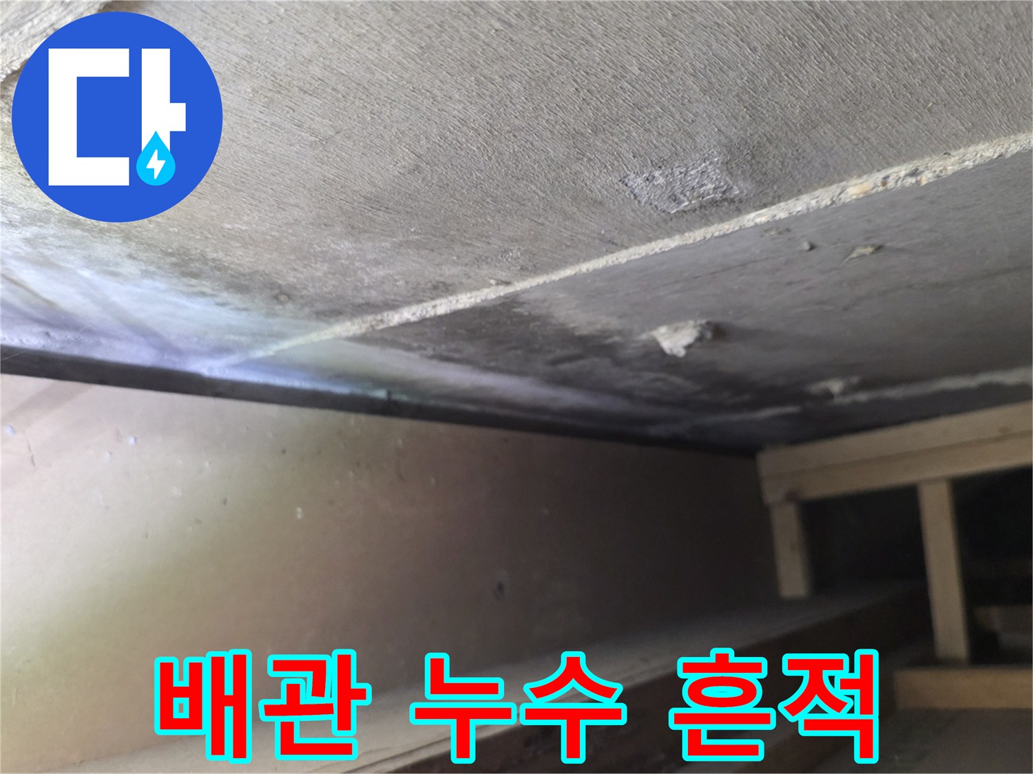 천장 콘크리트 표면의 젖은 얼룩과 습기 상태