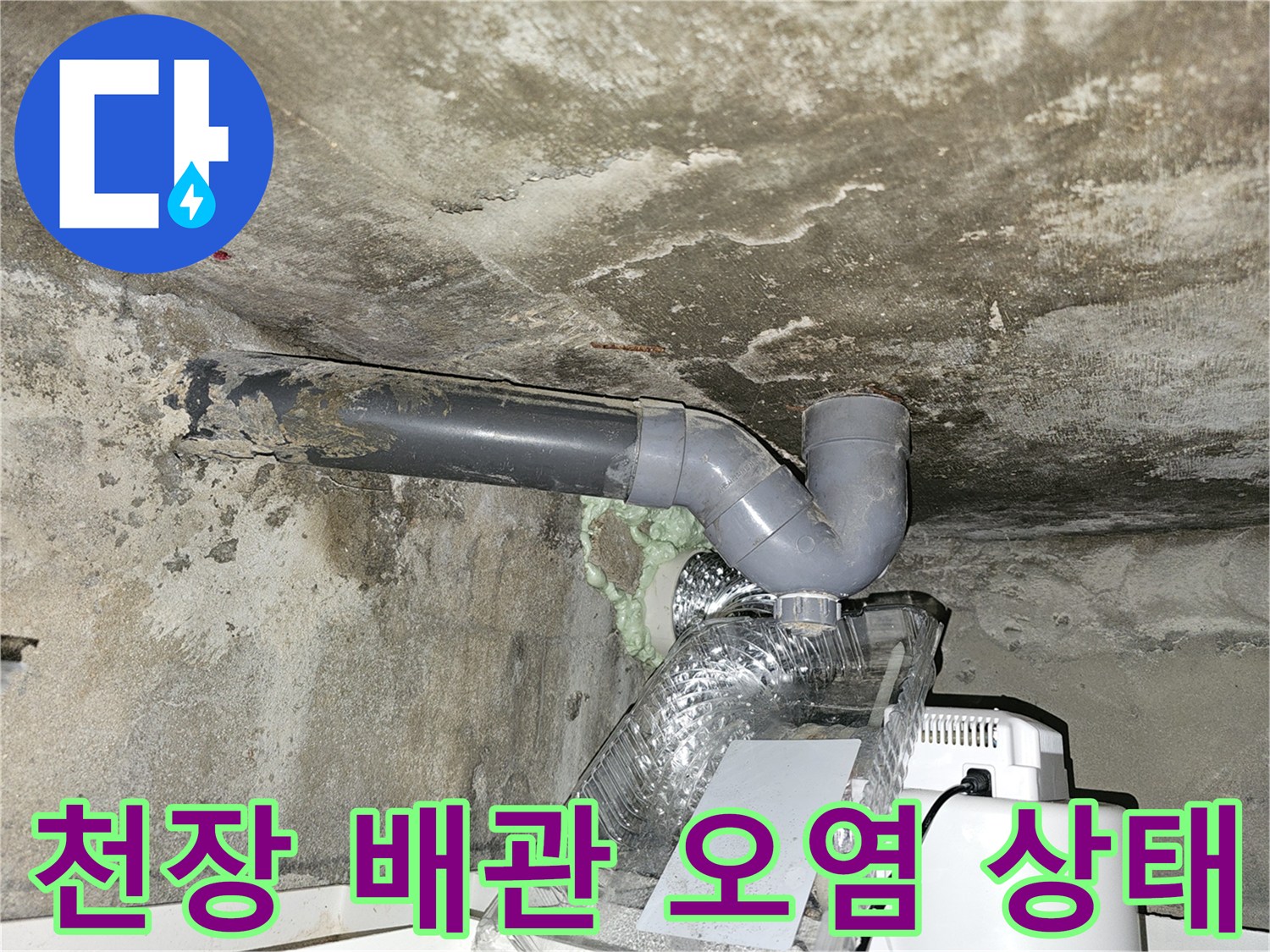 도봉구 화장실-천장 하수관 주변의 젖은 흔적과 오염된 상태를 보여주는 사진