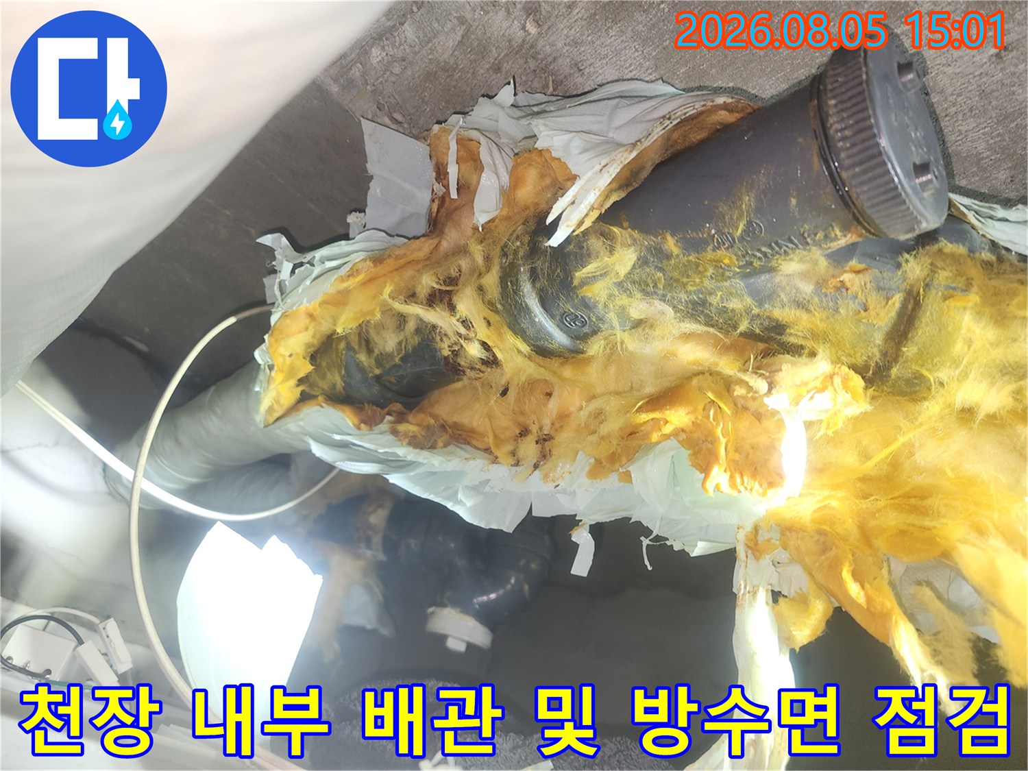 누수의 경로를 파악하기 위해 천장 내부에 노출된 배관과 주변 마감 부위를 정밀하게 검사하는 모습