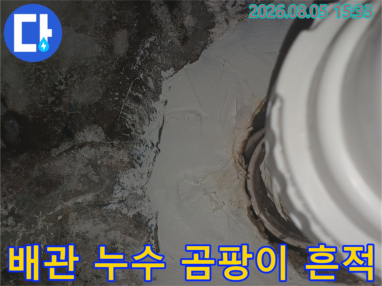 천장 배관 주변의 검은 곰팡이와 습기로 인한 오염된 마감재