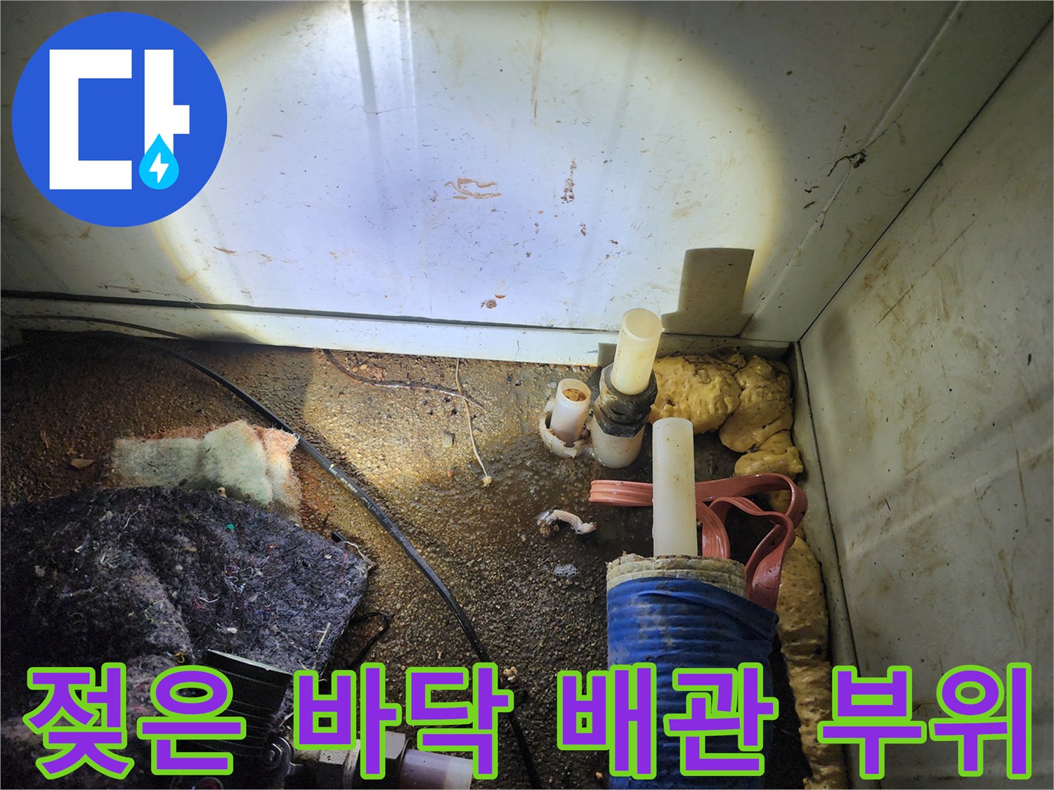 물샘이-발생한-배관-연결부와-젖은-토양의-모습