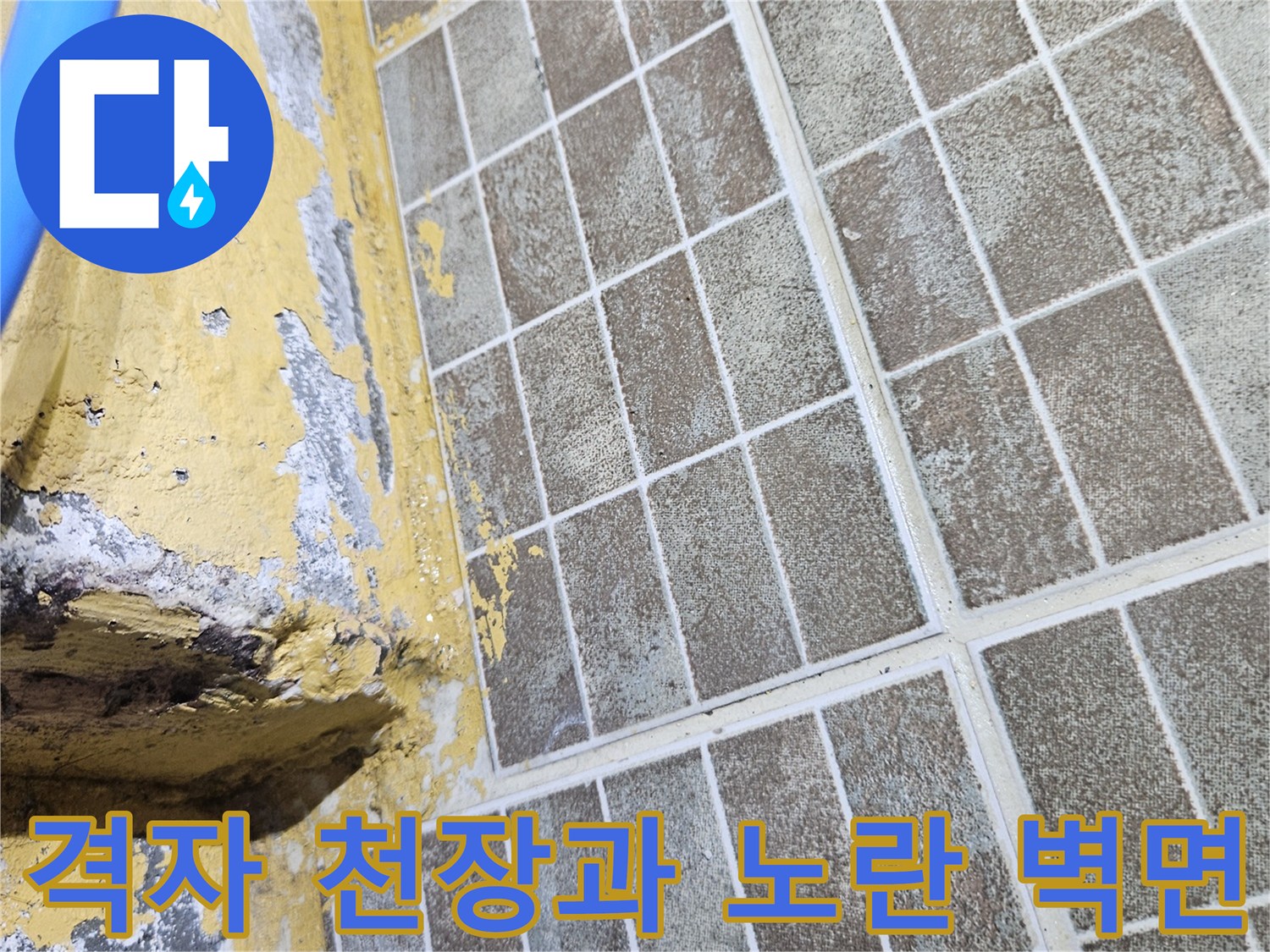 습기에 손상된 노란색 벽면과 격자형 천장재