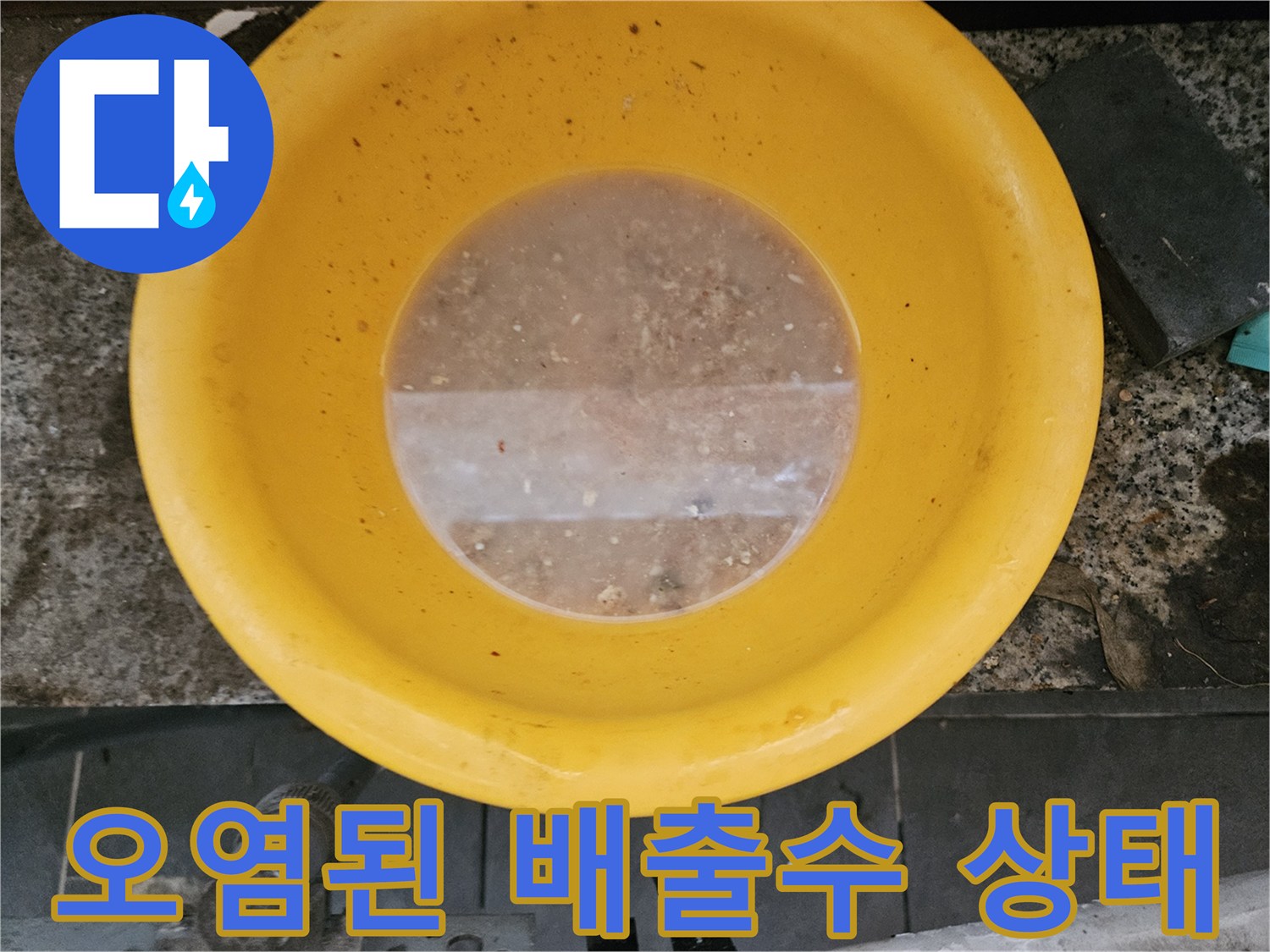 노란 플라스틱 용기 내부에 담긴 탁한 오수와 부유물