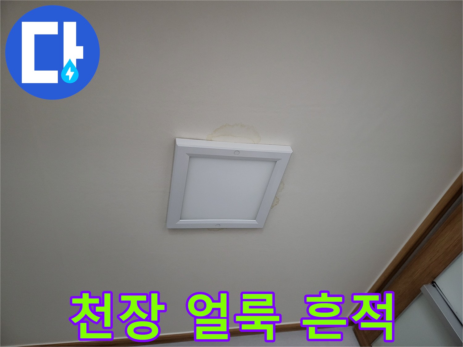 거실 천장 조명 주변의 누수 얼룩 현상