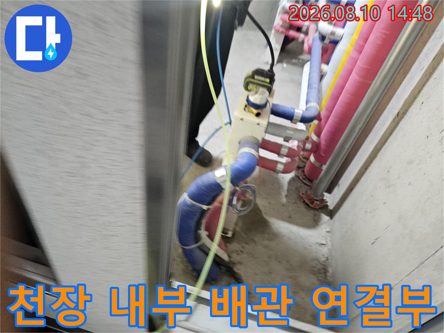 천장 안쪽의 분홍색 관과 파란색 호스 구조물