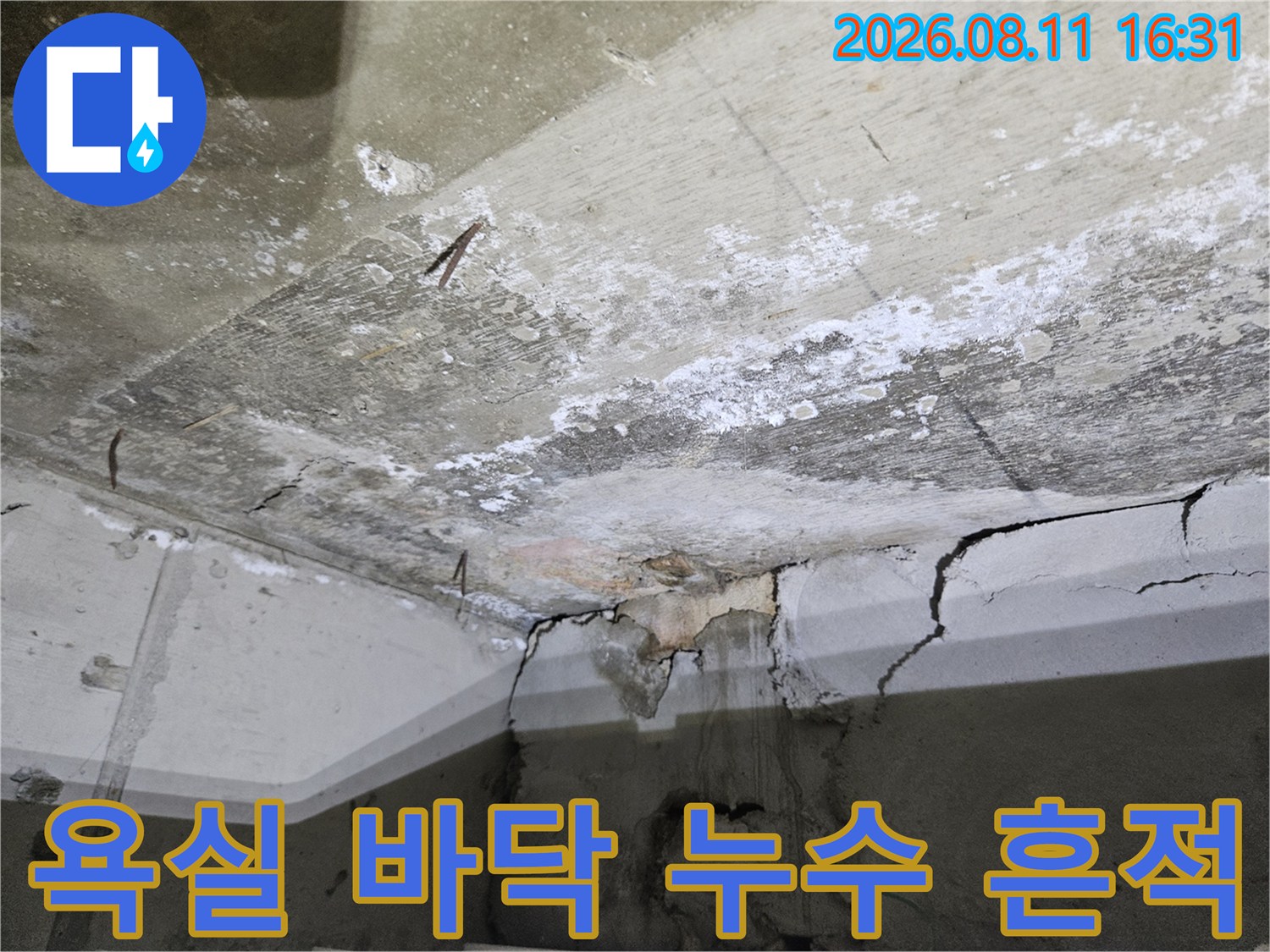 중계동 아파트 욕실-배수구 주변의 습기와 벽면 균열 상태 사진