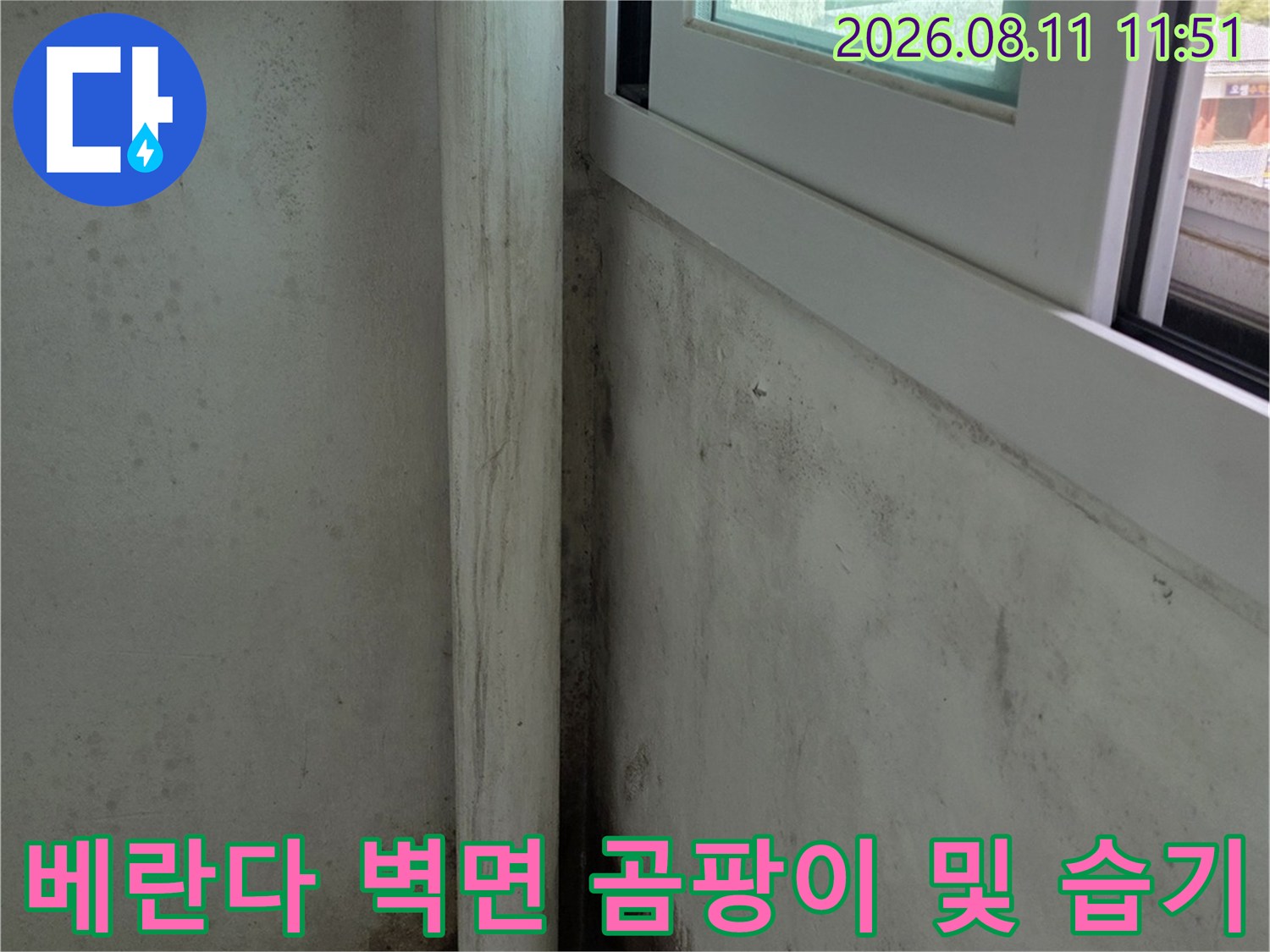 아파트 베란다 창틀 주변의 곰팡이가 발생한 벽면과 천장