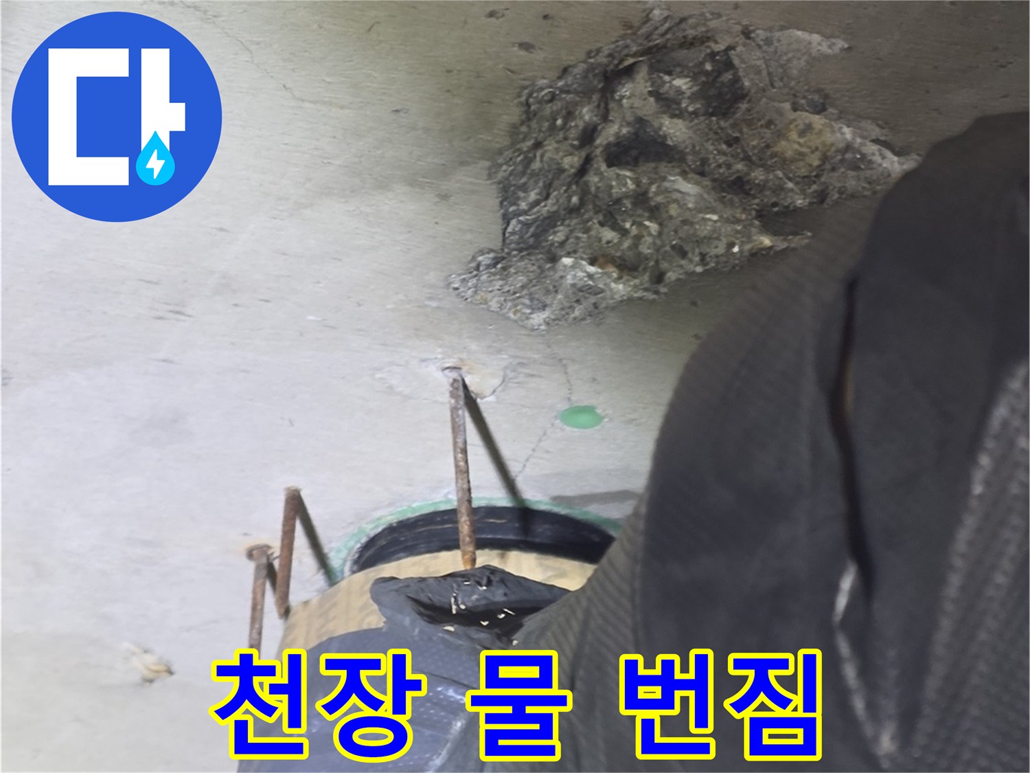 천장 벽면의 젖은 부위와 물 번짐 현상 상세 사진