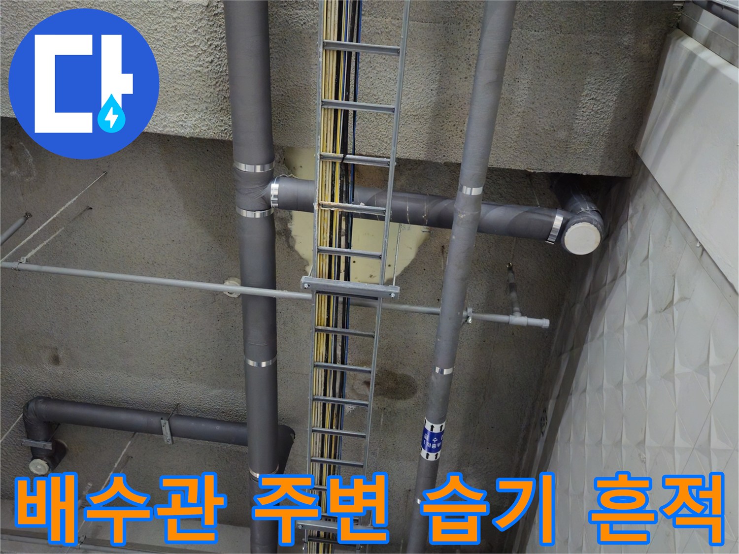 천장 배수관 및 전선 트레이-주변 콘크리트 벽면 젖음 현상