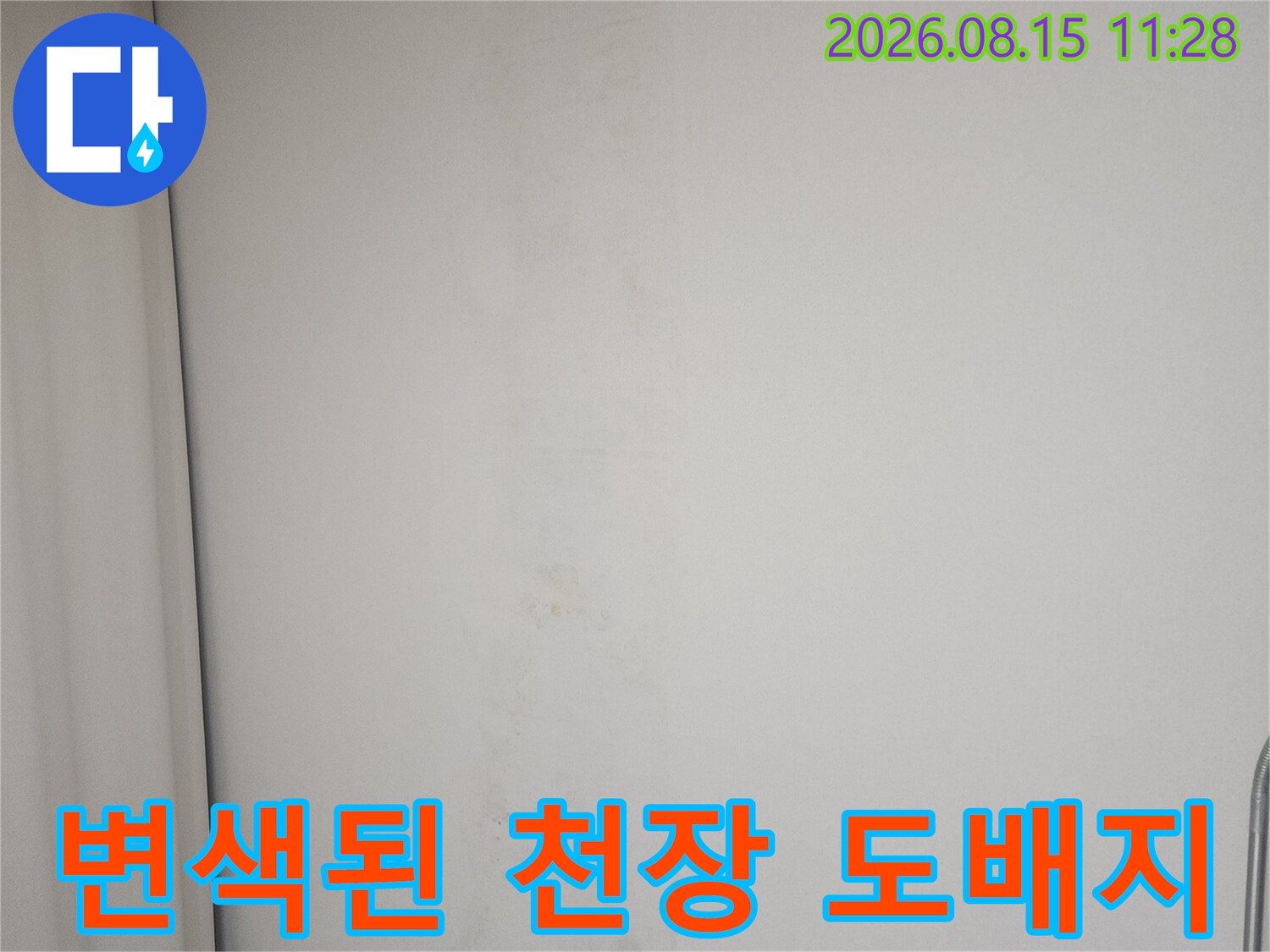 누수로 오염된 천장 - 물기가 스며든 도배지의 변색 부위